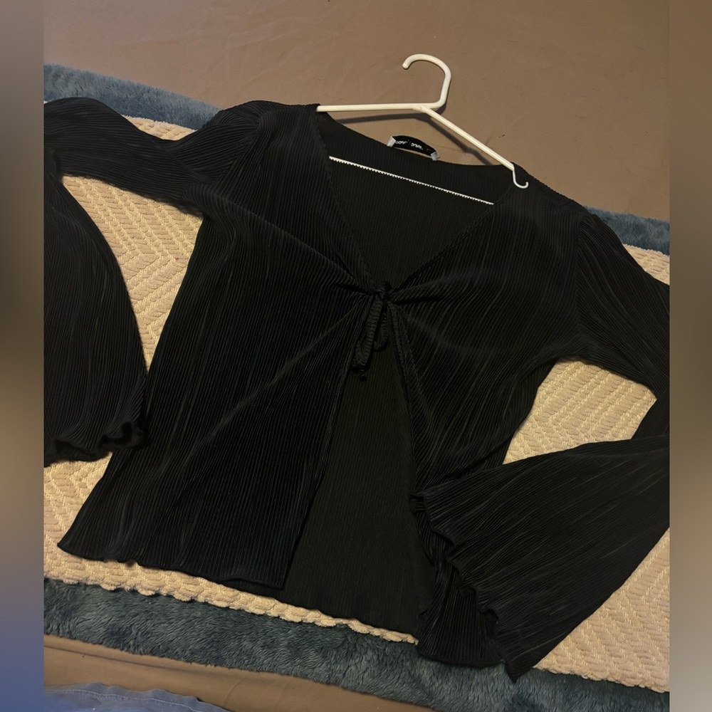 Black Front Tie Cardigan with Bell Sleeves